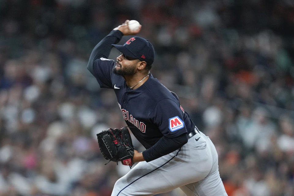 FILE - Cleveland Guardians relief pitcher Reynaldo López throws against the Detroit Tigers in the eighth inning of a baseball game, Friday, Sept. 29, 2023, in Detroit. The Atlanta Braves signed right-hander Reynaldo López to a $25 million, three-year contract on Monday, Nov. 20, that includes an $8 million club option for 2024. (AP Photo/Paul Sancya, File)