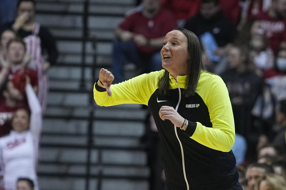 Purdue head coach Katie Gearlds shouts during the first half of an NCAA college basketball game against Indiana, Sunday, Feb. 19, 2023, in Bloomington, Ind. (AP Photo/Darron Cummings)