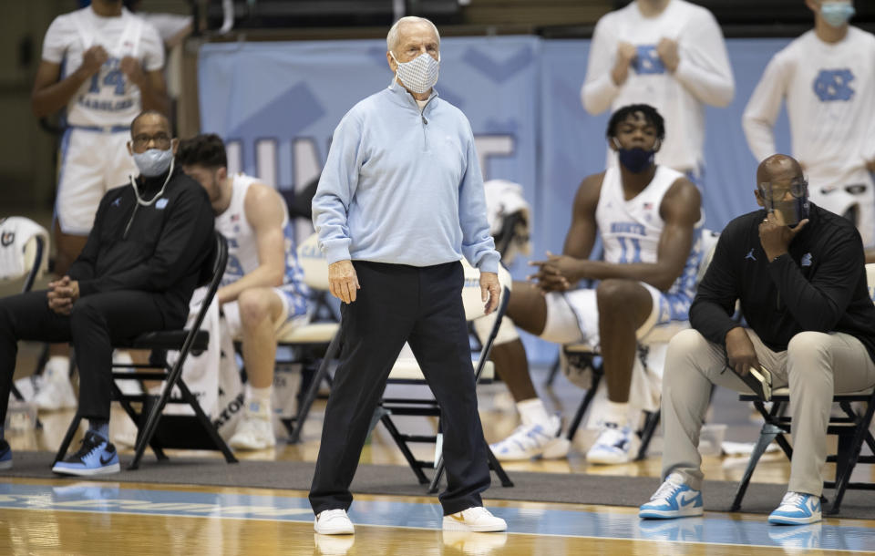 North Carolina coach Roy Williams watches the team on offense during the first half against Syracuse in an NCAA college basketball game Tuesday, Jan. 12, 2021, in Chapel Hill, NC. (Robert Willett/The News & Observer via AP)