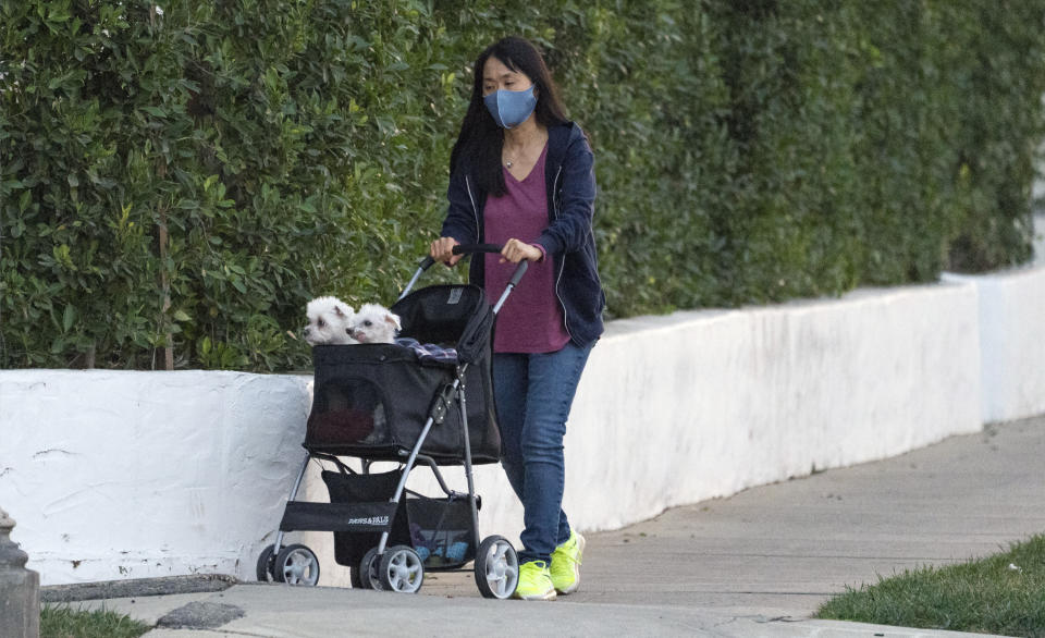 A woman wears a mask as she takes two small dogs in a stroller for a walk in Los Angeles Thursday, Jan. 7, 2021. California health authorities reported Thursday a record two-day total of 1,042 virus deaths, with many people infected during the surge after Halloween and Thanksgiving. The California Hospital Association says the state is moving too slowly to find ways to handle so many cases. (AP Photo/Damian Dovarganes)