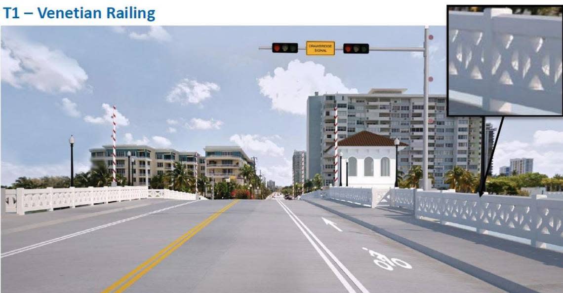 A conceptual rendering shows how the railings on a new easternmost drawbridge along the Venetian Causeway, detailed in an inset at top right, would mimic the original designs from 1926.