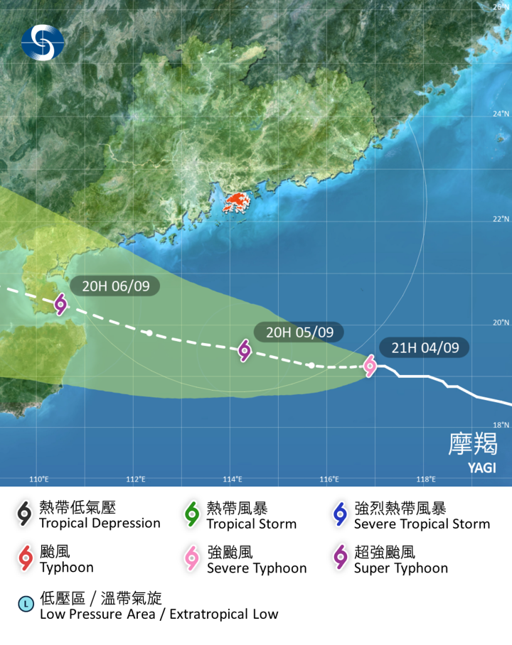 強颱風 摩羯 在香港時間 2024 年 09 月 04 日 21 時的最新資料；位置:  北緯 19.2 度，東經 116.9 度 (即香港之東南約 450 公里)；中心附近最高持續風速:  每小時 175 公里。天文台預料，摩羯會在未來一兩日橫過南海北部，大致移向雷州半島至海南島一帶並進一步增強；天文台並且評估在周四晚上 8 時，摩羯已經增強為超強颱風，中心附近最高持續風速每小時 205 公里。