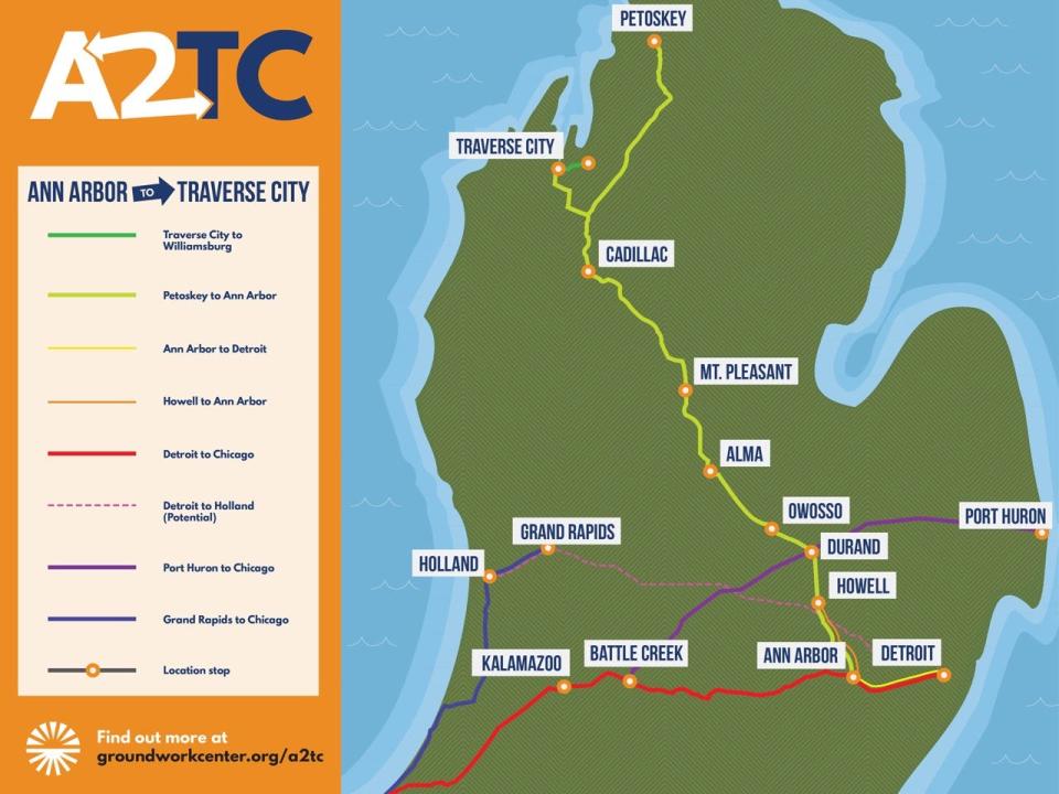 Proposed route for rail service from Traverse City to Ann Arbor