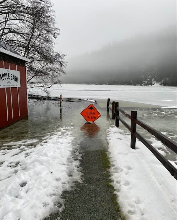 A photo posted online by the Village of Pemberton on Jan. 29, 2024 shows flooding caused by heavy rain and warm temperatures. The B.C. village declared a state of local emergency on Jan. 30, 2024. (Village of Pemberton/Facebook - image credit)