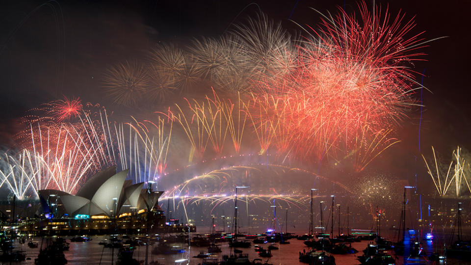 Picture of the 2018 fireworks display, on Sydney Harbour, with Sydney's Opera House and Harbour Bridge