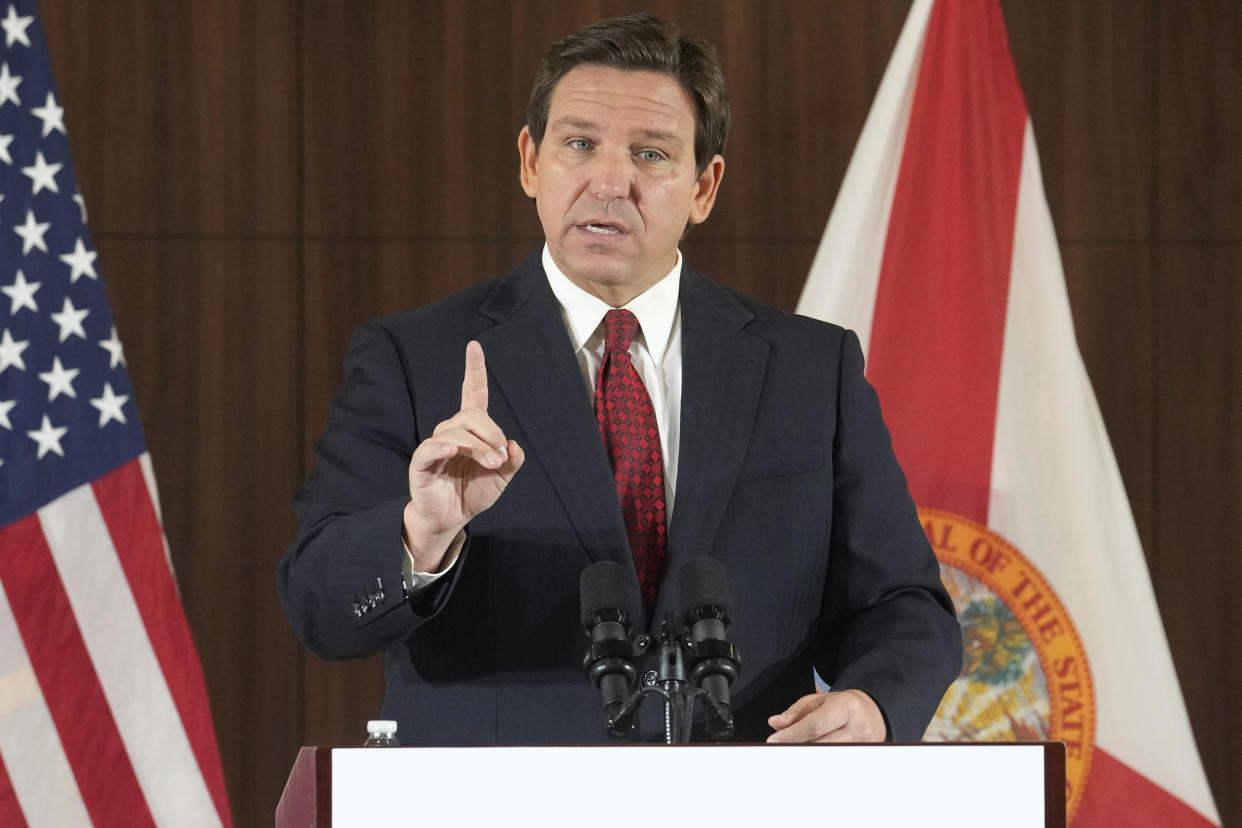 Florida Gov. Ron DeSantis gestures during a news conference.