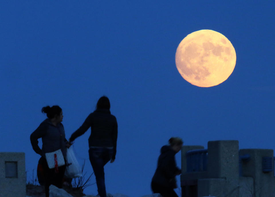 En vísperas de la supuesta superluna, los visitantes disfrutan de una vista sin obstáculos del espectáculo mientras el astro asciende sobre la costa del lago Michigan en Milwaukee, Wisconsin, el domingo 13 de noviembre de 2016. (John Hart / Wisconsin State Journal vía AP)