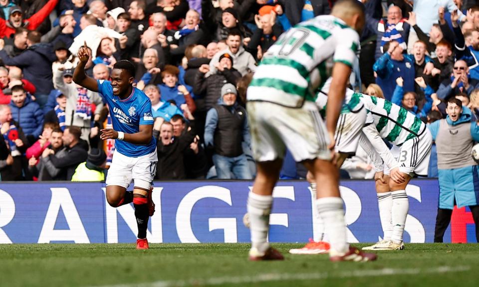 <span>Rabbi Matondo sparks wild scenes with his injury-time equaliser at Ibrox.</span><span>Photograph: Jason Cairnduff/Action Images/Reuters</span>