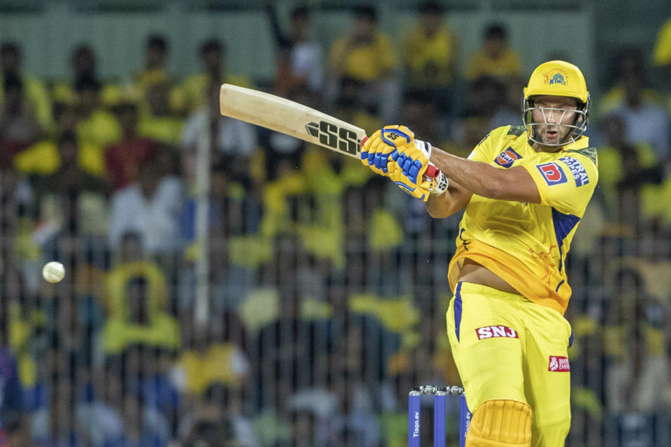 Shivam Dube of Chennai Super Kings plays a shot during the Indian Premier League cricket match between the Chennai Super Kings and the Lucknow Super Giants in Chennai, India, Monday, April 3, 2023. (AP Photo/ R. Parthibhan)