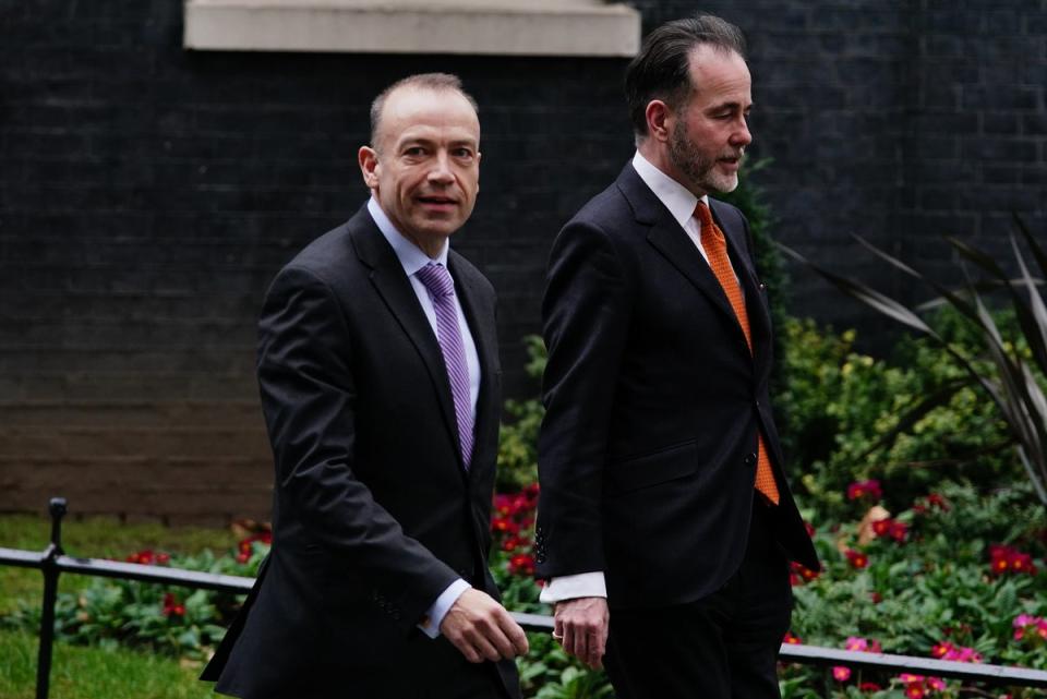 Chris Pincher (right) leaves Downing Street with chief whip Chris Heaton-Harris following their appointment in February (Aaron Chown/PA) (PA Wire)