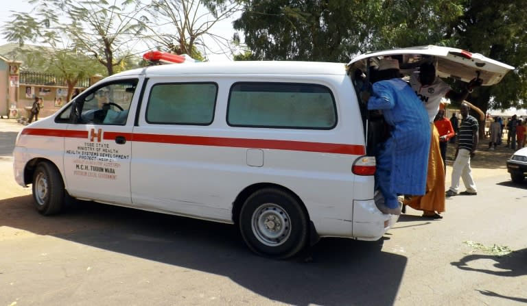 A file picture shows an ambulance evacuating people injured in a suicide blast in the northeastern Nigerian city of Potiskum on February 1, 2015