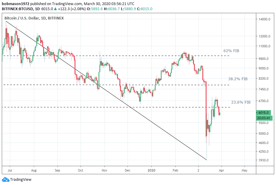 <a href="https://www.tradingview.com/symbols/BTCUSD/?exchange=BITFINEX" rel="nofollow noopener" target="_blank" data-ylk="slk:BTC/USD 30/03/20 Daily Chart;elm:context_link;itc:0;sec:content-canvas" class="link ">BTC/USD 30/03/20 Daily Chart</a>