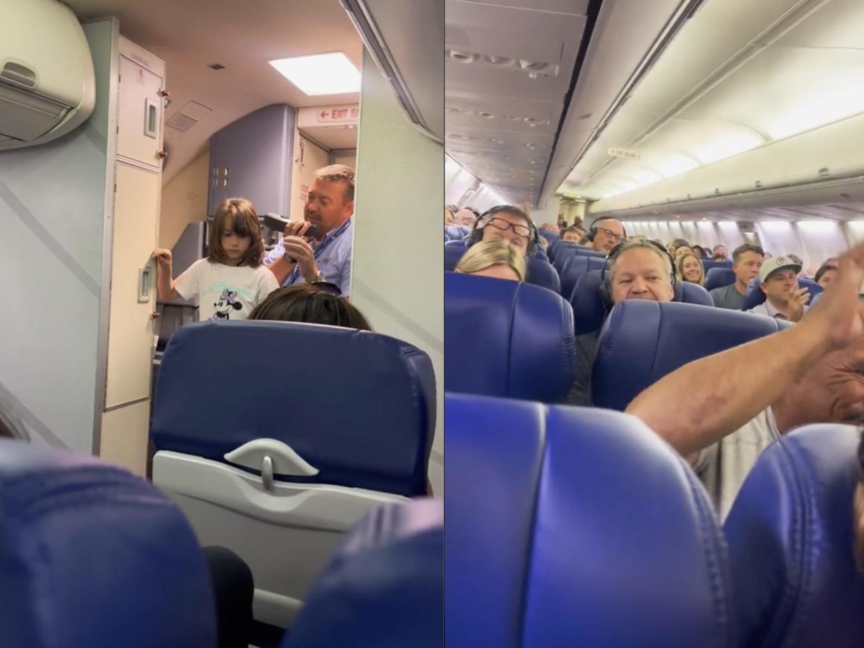 A composite of screenshots from a TikTok where a flight attendant is seen standing next to a young girl and people in the cabin cheering with their hands in the air.