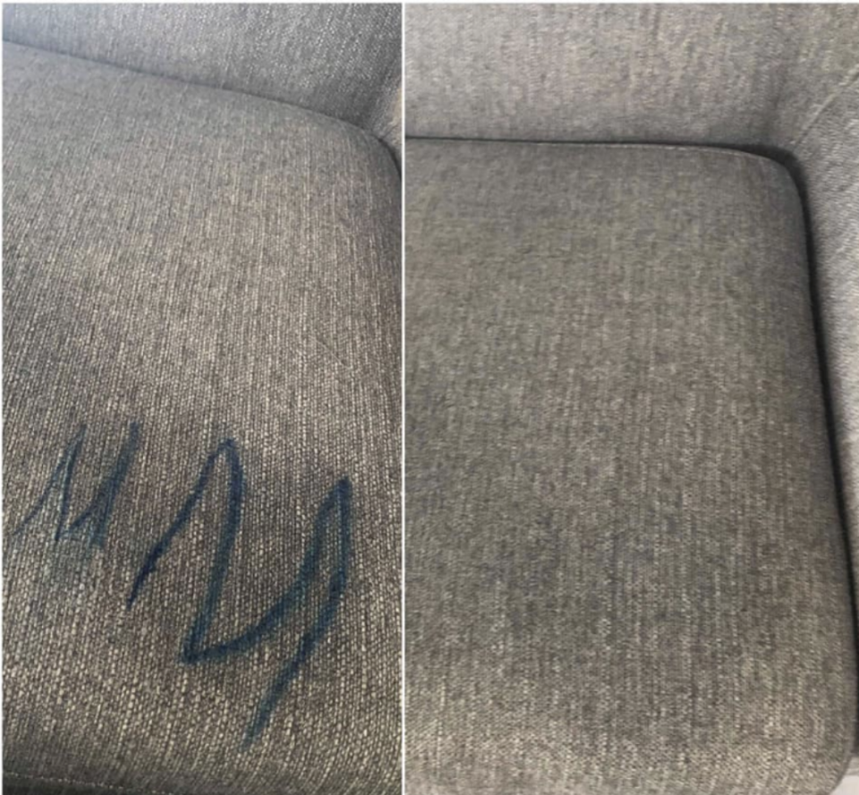 Before and after of pen marks on sofa