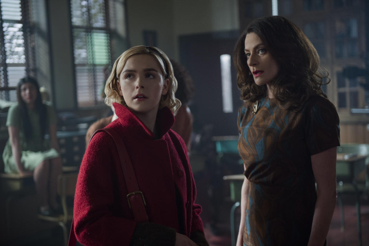 Kiernan Shipka and Michelle Gomez in the Netflix series, "The Chilling Adventures of Sabrina." (Photo: )