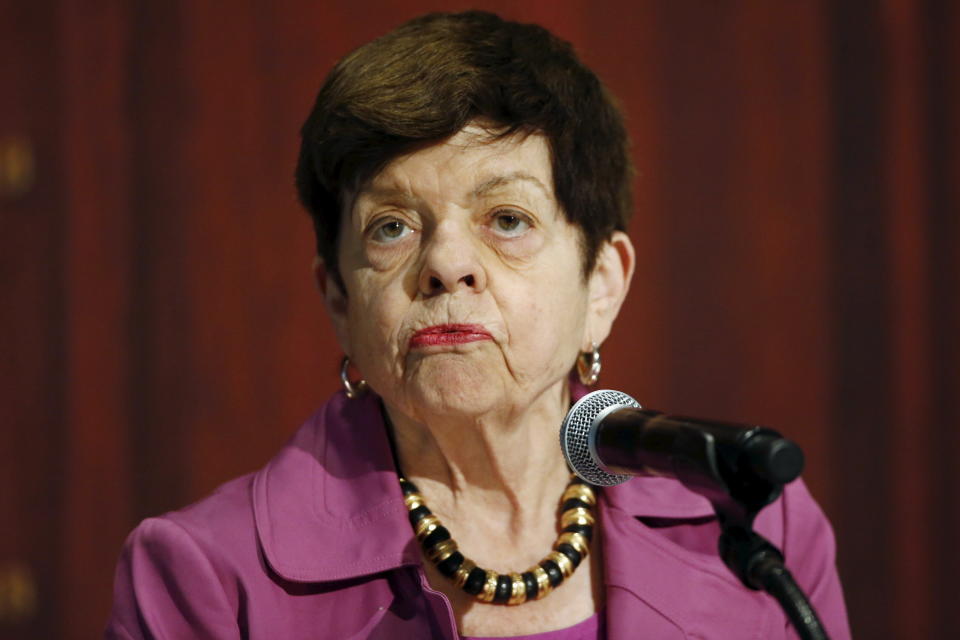 Alice M. Rivlin, Leonard D. Schaeffer Chair in Health Policy Studies and Director, Center for Health Policy, Senior Fellow, Economic Studies, the Brookings Institution speaks to guests during the Economic Club of New York Leadership Excellence Award in New York April 21, 2015. REUTERS/Eduardo Munoz