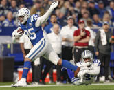 <p>Eric Ebron #85 of the Indianapolis Colts runs the ball as Chidobe Awuzie #24 of the Dallas Cowboys tries to make the shoestring tackle during the game at Lucas Oil Stadium on December 16, 2018 in Indianapolis, Indiana. (Photo by Michael Hickey/Getty Images) </p>