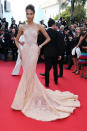 <p>The model wore a light peach, mermaid silhouette gown at “The Beguiled” screening on May 24, 2017 in Cannes. (Photo by Gisela Schober/Getty Images) </p>