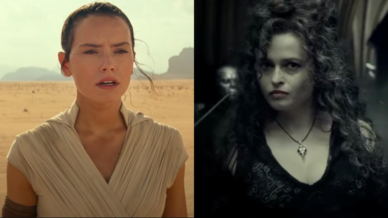  From left to right: Diasey Ridley in Star Wars The Rise of Skywalker and Helena Bonham Cartner in Harry Potter as Bellatrix. 