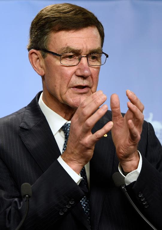 Angus Houston, head of the Joint Agency Coordination Centre leading the search for missing Malaysia Airlines flight MH370 speaks to the media at Dumas House in Perth on April 14, 2014