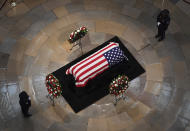 <p>WASHINGTON, DC – AUGUST 31: The late Sen. John McCain lies in state in the Rotunda of the United States Capitol on August 31, 2018 in Washington, D.C. (Photo by Ricky Carioti/The Washington Post via Getty Images) </p>