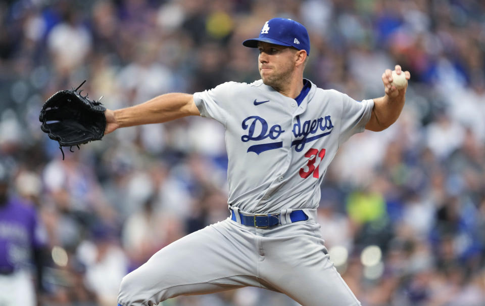 Los Angeles Dodgers starting pitcher Tyler Anderson works against the Colorado Rockies during the first inning of a baseball game Thursday, July 28, 2022, in Denver. (AP Photo/David Zalubowski)