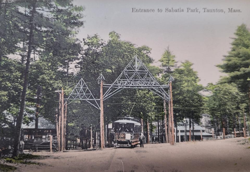 A postcard in The Old Colony History Museum's collection showing the entrance to Sabbatia Park in Taunton, with a trolley car at the center.