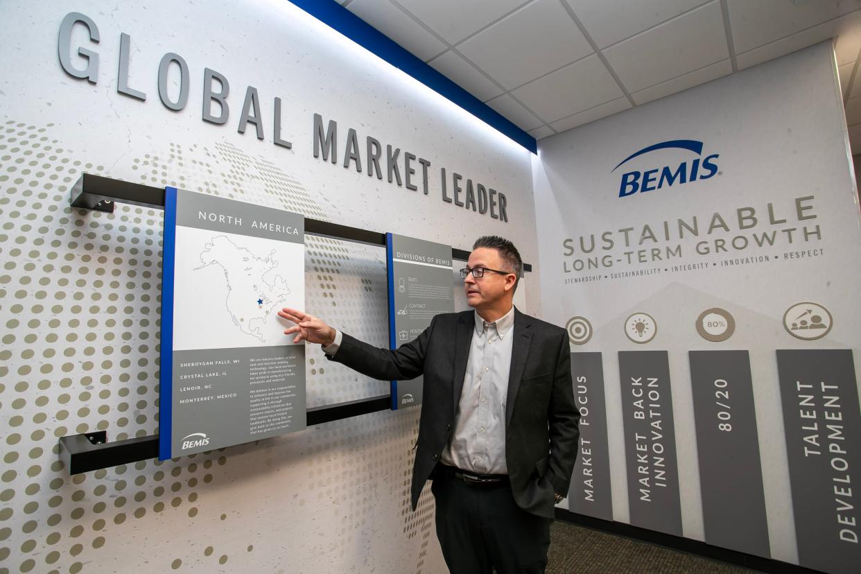 Bemis President and CEO Jeff Lonigro explains the company’s world-wide reach in the company showroom, Wednesday, December 13, 2023, in Sheboygan Falls, Wis.