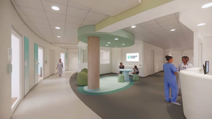 A rendering released by Corewell Health shows a quiet activity area in the pediatric medical psychiatric unit planned for Helen DeVos Children's Hospital in Grand Rapids.
