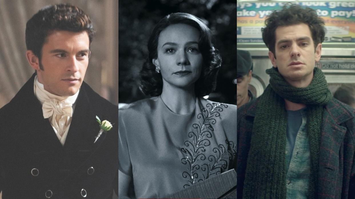  From left to right: press images of Jonathan Bailey in Bridgerton, Carey Mulligan in Meastro and Andrew Garfield in Tick, Tick...Boom. 