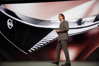 Alfonso Albaisa, senior vice president for Global Design for Nissan Motor Corp., speaks during Nissan's presentation of the media preview of the Tokyo Motor Show Wednesday, Oct. 23, 2019, in Tokyo. (AP Photo/Kiichiro Sato)