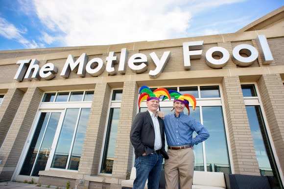 Co-founders Tom and David Gardner standing outside The Motley Fool headquarters