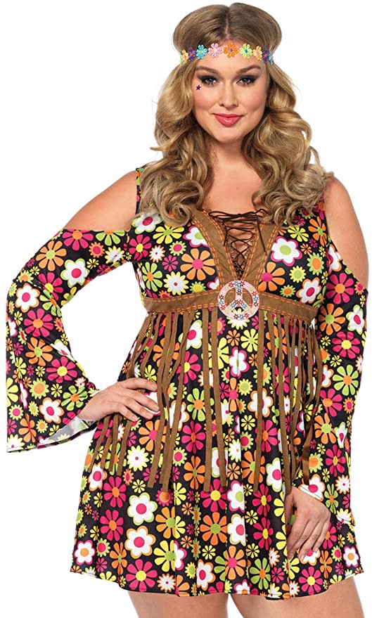 Model wears retro floral dress with suede fringe Hippie Costume