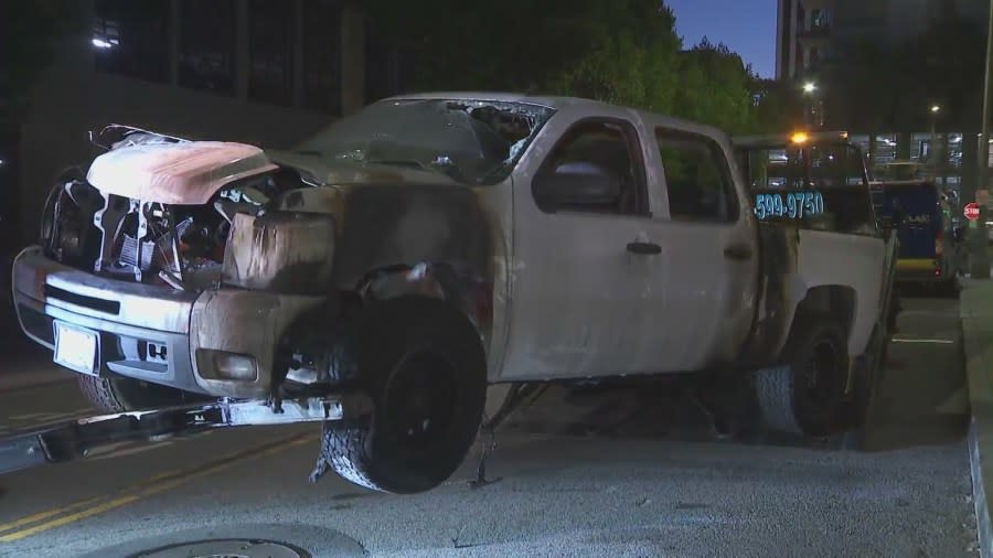 The aftermath of a truck fire inside a Long Beach apartment complex parking structure is seen on Sept. 5, 2023. (KTLA)