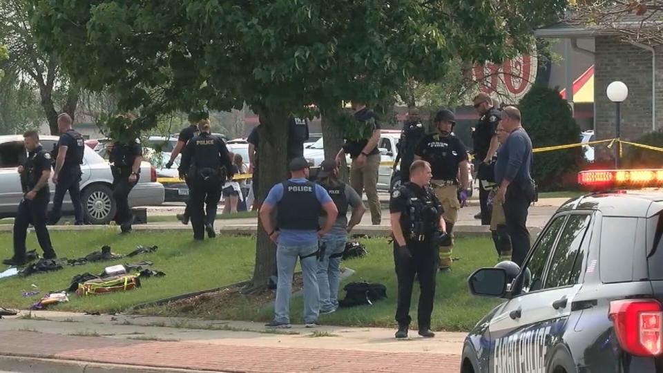 PHOTO: First responders on the scene after three police officers were shot and seriously wounded in Fargo, N.D., July 14, 2023. (WDAY)