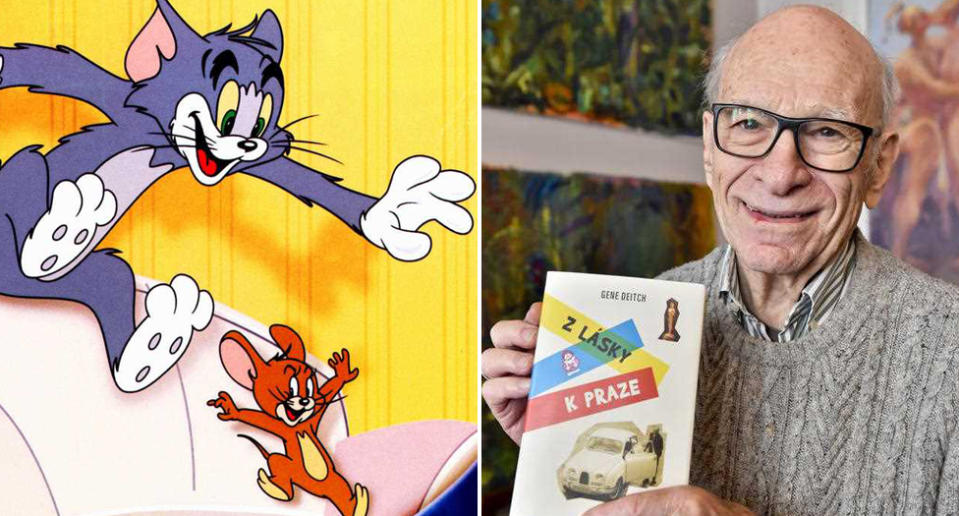 Tom and Jerry are pictured from the cartoon alongside animator Gene Deitch.