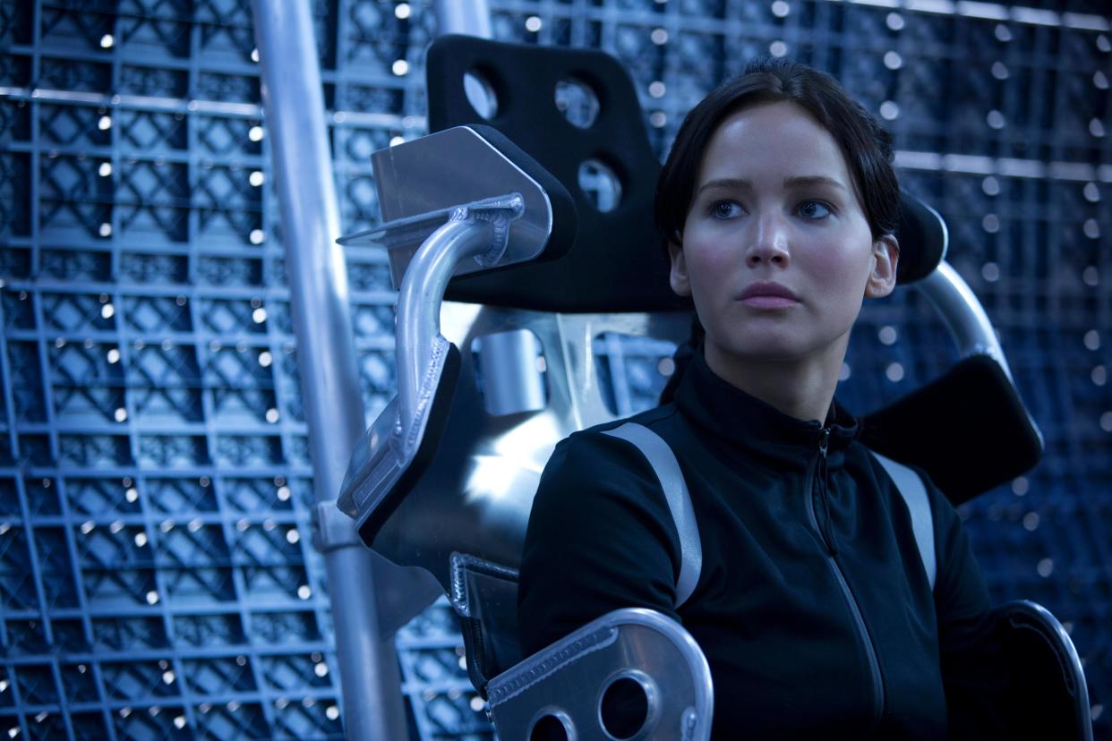 Jennifer Lawrence in Lionsgate's 'The Hunger Games: Catching Fire,' looking like she might be buckling up for a ride.