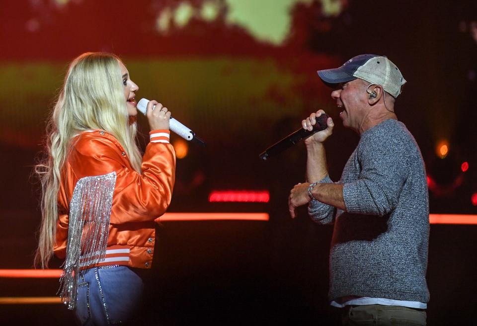 Kelsea Ballerini brings out Kenny Chesney at her homecoming show to perform their song, “Half of My Hometown” at Thompson-Boling Arena at Food City Center in Knoxville, Thursday, Nov. 2, 2023.