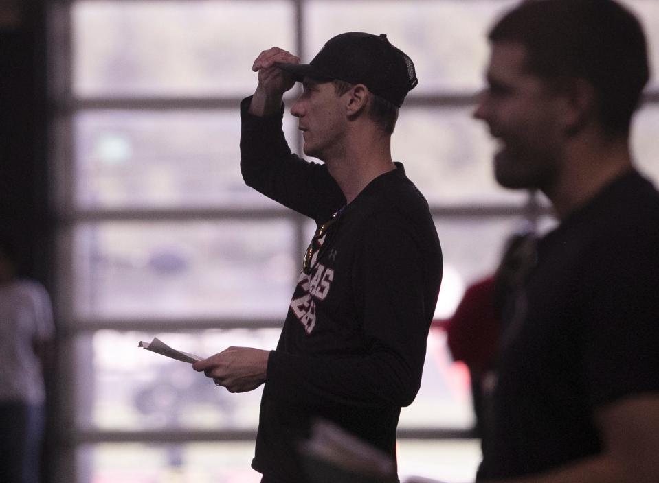 Texas Tech's offensive coordinator Zach Kittley adjusts his hat during a spring football practice, Thursday, March 21, 2024, at Sports Performance Center.