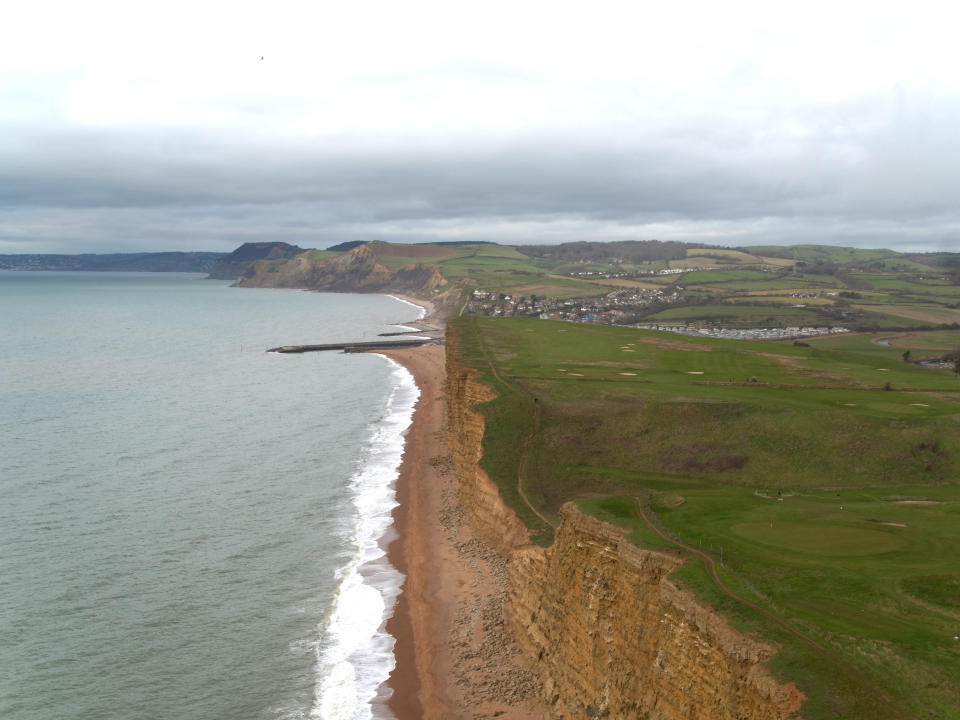 An aerial view of cliffs on the Jurassic Coast near West Bay, Dorset, where ITV's Broadchurch is filmed. (Photo by Steve Parsons/PA Images via Getty Images)