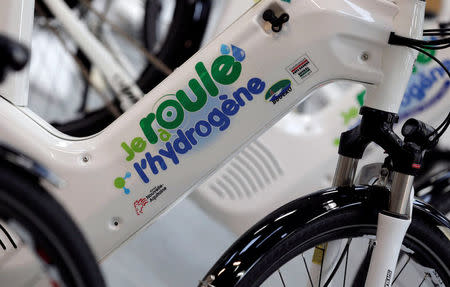 Detail of an Alpha bike, first industrialised bicycle to use a hydrogen fuel cell is displayed at the Pragma Industries factory in Biarritz, France, January 15, 2018. REUTERS/Regis Duvignau
