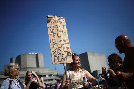 A climate change activist holds a sign during the Extinction Rebellion protest in London, Britain April 21, 2019. REUTERS/Hannah McKay