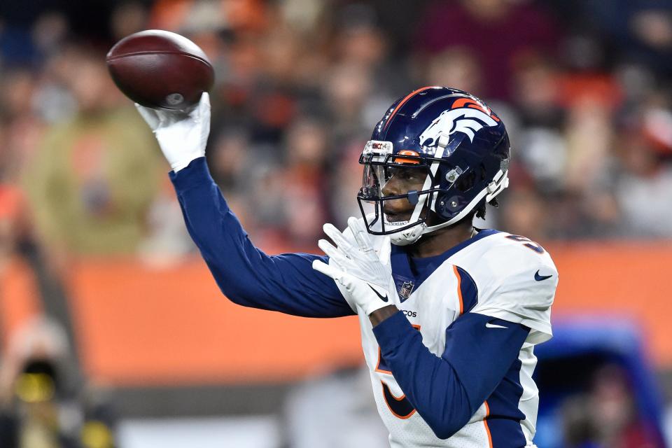 Denver Broncos quarterback Teddy Bridgewater throws a pass during the first half of the team&#39;s NFL football game against the Cleveland Browns, Thursday, Oct. 21, 2021, in Cleveland. (AP Photo/David Richard)