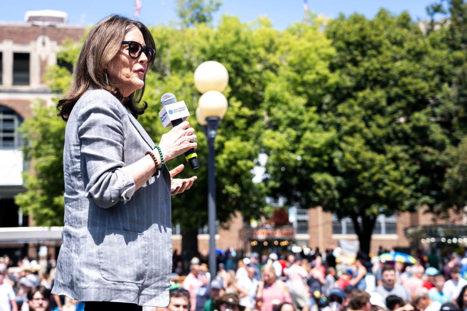 Democratic presidential candidate Marianne Williamson speaks at the Des Moines Register Political Soapbox during day three of the Iowa State Fair on Saturday, August 12, 2023 in Des Moines.
