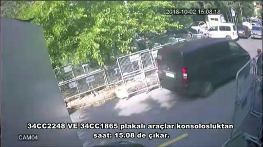 A frame grab on October 10, 2018 taken from a police CCTV video made available through Turkish Newspaper Sabah allegedly shows a black van in front of the Saudi consulate in Istanbul on October 2 the day that Jamal Khashoggi disappeared