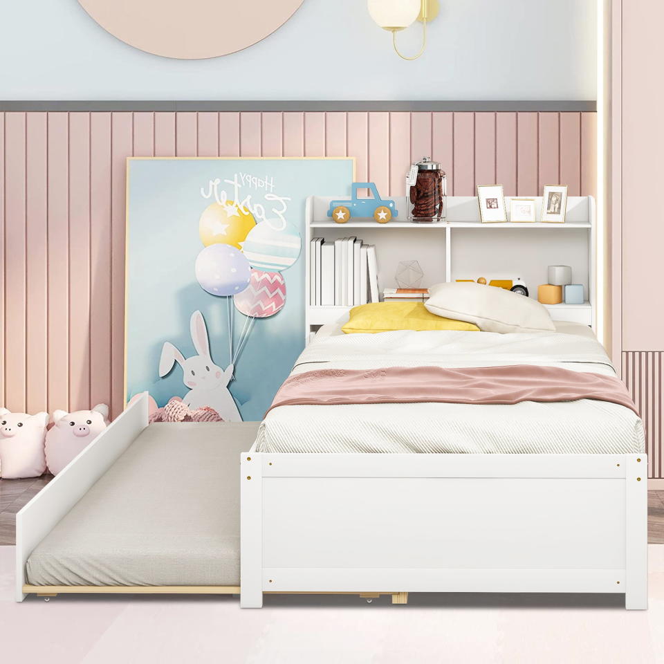 <p><a href="https://go.redirectingat.com?id=74968X1596630&url=https%3A%2F%2Fwww.walmart.com%2Fip%2FSYNGAR-White-Twin-Bed-Frame-Trundle-Storage-Bookcase-Kids-Platform-Size-Pull-Out-Trundle-Solid-Wood-Headboard-Footboard-No-Box-Spring-Needed%2F366331059&sref=https%3A%2F%2Fwww.bestproducts.com%2Fhome%2Fg44371964%2Fbest-beds-for-kids%2F" rel="nofollow noopener" target="_blank" data-ylk="slk:Shop Now;elm:context_link;itc:0;sec:content-canvas" class="link ">Shop Now</a></p><p>White Twin Bed Frame with Trundle and Storage Bookcase </p><p>walmart.com</p><p>$219.89</p>