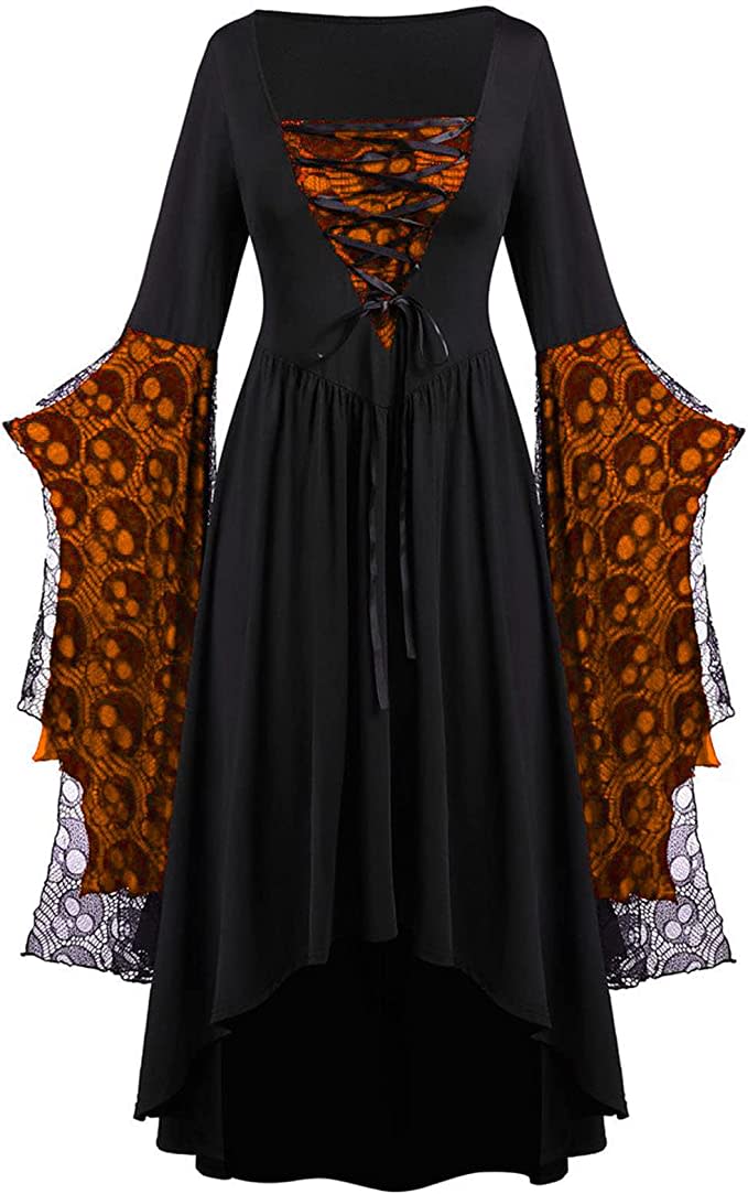  High Low Witch Costume Dress Plus Size Vintage Batwing Sleeve Skull Print Lace Up Flowy Halloween Costume in orange/black