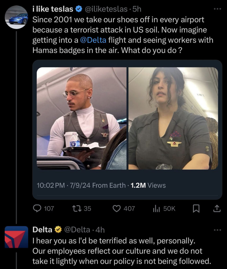 Delta found itself facing outrage after its response on X to a poster raising concerns about two flight attendants wearing Palestine flag pins (X screengrab)
