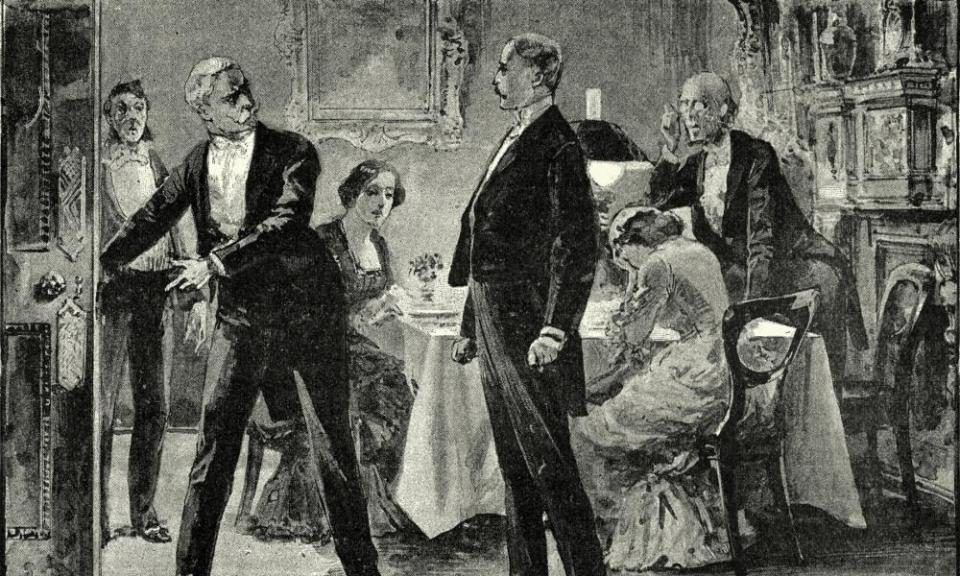 19th century engraving of an argument at a dinner party