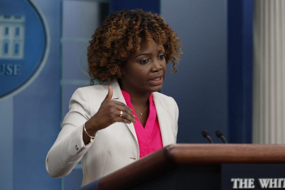 White House press secretary Karine Jean-Pierre talks to reporters during the daily news conference in the Brady Press Briefing Room at the White House on February 02, 2023 in Washington, D.C. (Photo by Chip Somodevilla/Getty Images)